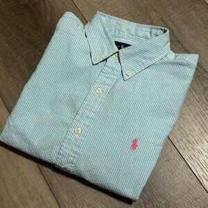 Ralph Lauren Seersucker Short Sleeve Shirt Men's Medium Blue Stripe Preppy